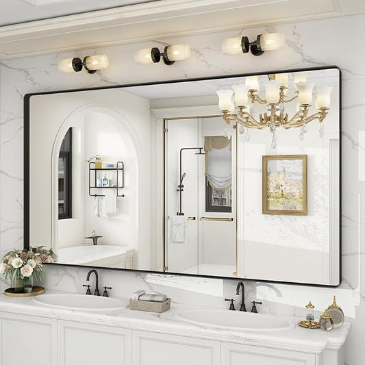 72x36 Inch Black Framed Bathroom Mirror for Wall, Large Matte Metal Framed Wall Mirror, Rounded Rectangle Vanity Mirror, Tempered Glass, Anti-Rust, Shatterproof (Horizontal/Vertical)