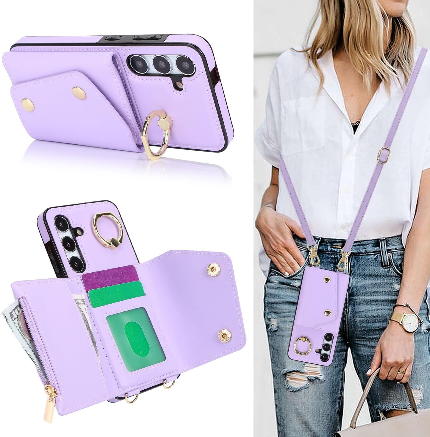 Samsung Galaxy S24 Phone Case for Women, Crossbody Wallet Case with Credit Card Holder Lanyard Shockproof Purse