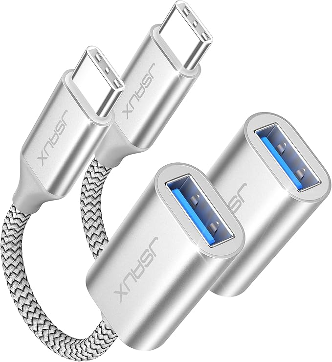 JSAUX USB C to USB 3.0 Adapter [2 Pack], USB C Male to USB Female OTG Cable Adapter Compatible with MacBook Pro/Air, iPhone 17 Pro Max/iPhone Air/16e/16/15 Series, Samsung Galaxy S25/S24/S23-Silver