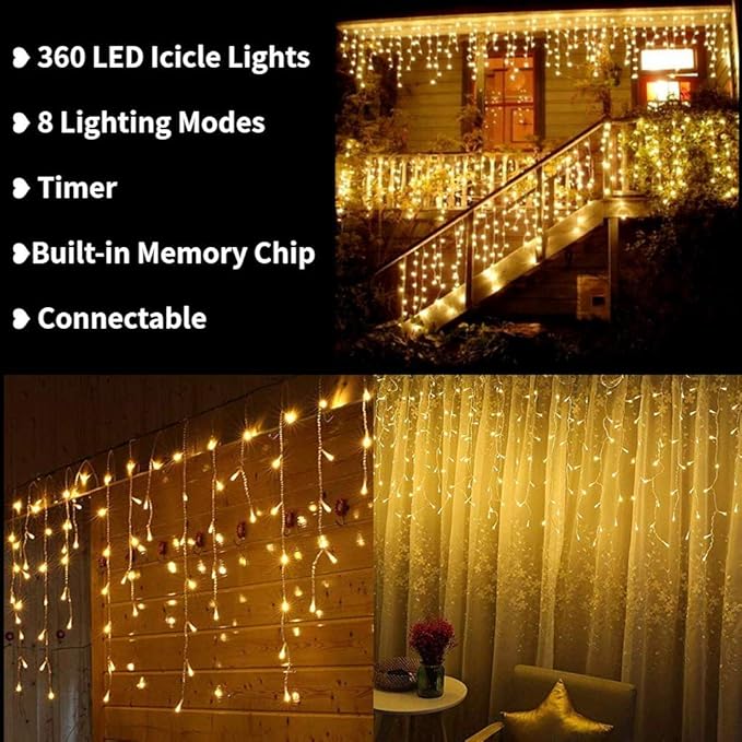 Toodour Christmas Icicle Lights Outdoor, 360 LED 29.5ft 8 Modes Fairy Icicle String Light with 60 Drops, Led Christmas Lights Twinkle for Holiday, Party, Wedding, Eaves, Xmas Decorations (Warm White)