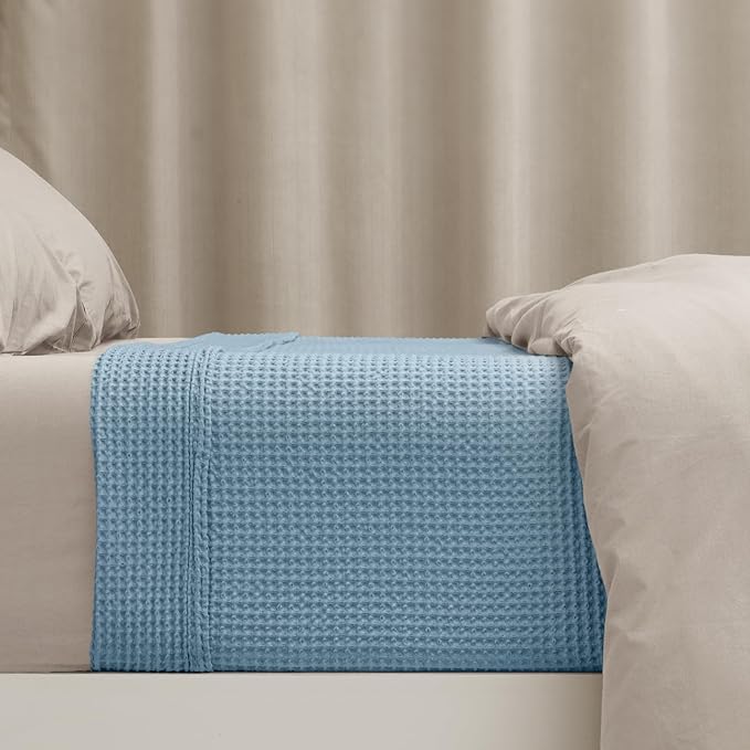 PHF 100% Cotton Waffle Weave Blanket Twin Size for Bed,Snag Proof Lightweight Breathable Moisture-Wicking Throw for Couch,Great for Layering in Cold Weather,Machine Washable,Home Decor Gift-Dusty Blue