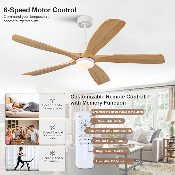 BOJUE 60 Inch Outdoor Ceiling Fans with Lights and Remote Control, Dimmable 5 Blade Wood Outdoor Ceiling Fans for Patios, White Natural Wood Bedroom Ceiling Fan with Lights, Noiseless DC Motor