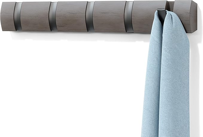 Umbra Flip Wall-Mounted Coat Rack with 5 Hooks – Modern, Space-Saving Storage for Hats, Jackets, Bags, Entryway, Mudroom, Closet, Bathroom, Bedroom – Grey/Pewter