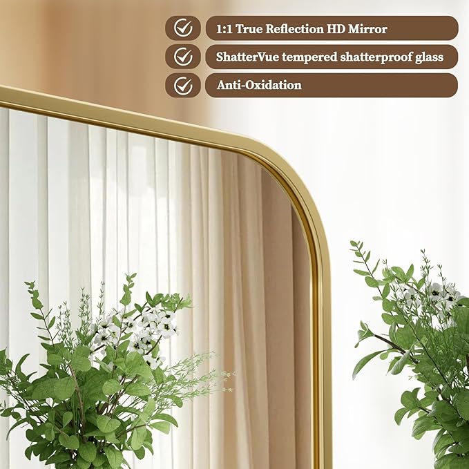 BEAUTYPEAK 26" x 38" Rectangular Aluminum Alloy Frame Wall Mounted Bathroom Mirror with Rounded Corners, Gold