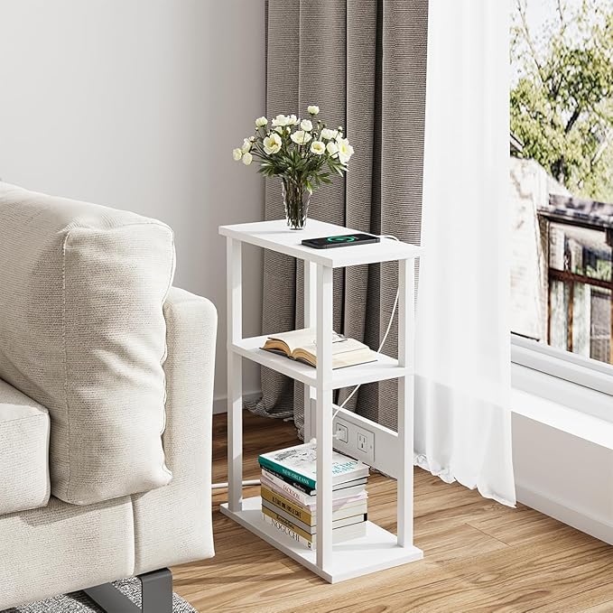 VIMBER Narrow Side Table with Charging Station, 2 Set Skinny End Table for Small Spaces, Sofa Beside Tables with Storage Shelf, Slim Nightstand with USB Ports Outlet, Couch Table White UTBT003W2