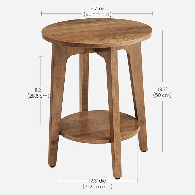 VASAGLE MAEZO Collection - Side Table, 2-Tier Small Round End Table, Nightstand with Tapered Legs, Curved Transitions, for Small Spaces, Living Room, Bedroom, Rustic Walnut ULET283T41