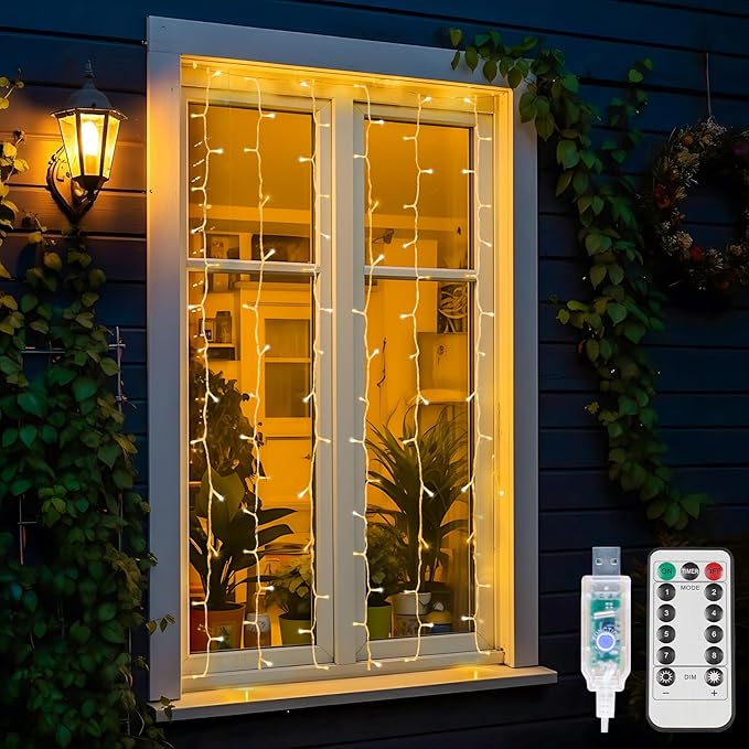 suddus Curtain Lights for Bedroom, 90 Led Hanging String Light Outdoor, Fairy Curtain Lights Indoor for Christmas, Dorm, Wall, Backdrop, Window, Wedding, Party, Birthday Decor, Warm White