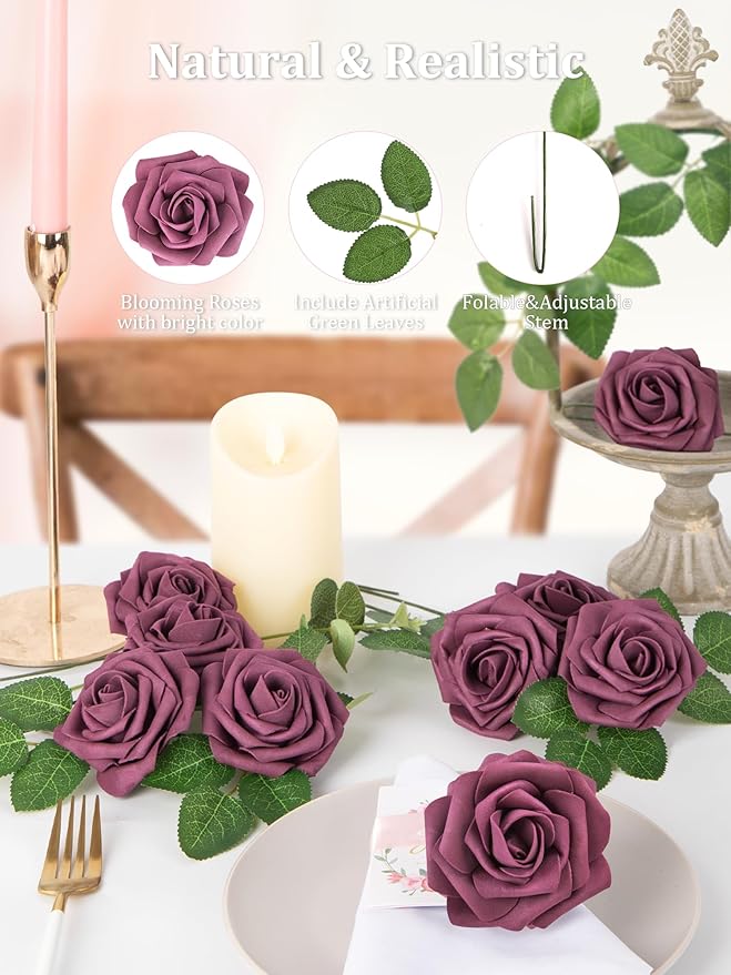 MACTING Artificial Flower Roses 30PCS Real Touch Fake Flowers with Stem Plum Purple Foam Roses for DIY Wedding Bouquet Party Table Centerpieces Baby Shower Holiday Home Spring Mothers Day Decorations