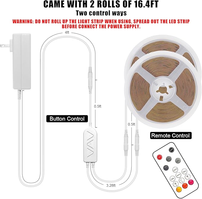32.8ft 3000K Bright COB LED Strip Light, Dimmable, Warm White, Indoor, RF Remote, Adhesive, for Living Room, Shelf, Cabinet, Kitchen, 2 Rolls of 16.4ft