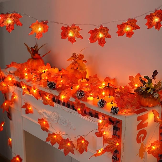 YEGUO 4 Packs Thanksgiving Decorations for Home, Fall Lights Battery Operated, Total 40ft 80 LED Lighted Fall Garland Maple Leaves for Thanksgiving Decor