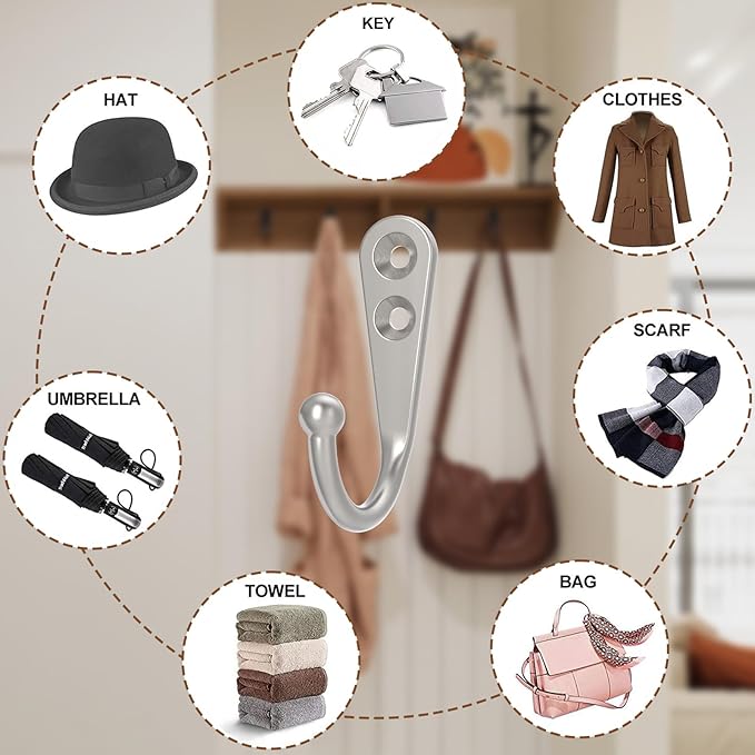POZEAN 60 Pack Wall Hooks - Silver Coat and Towel Hooks with 120 Screws, for Hanging Coats, Scarves, Bags, Towels, Keys, Caps, Cups, Hats and More