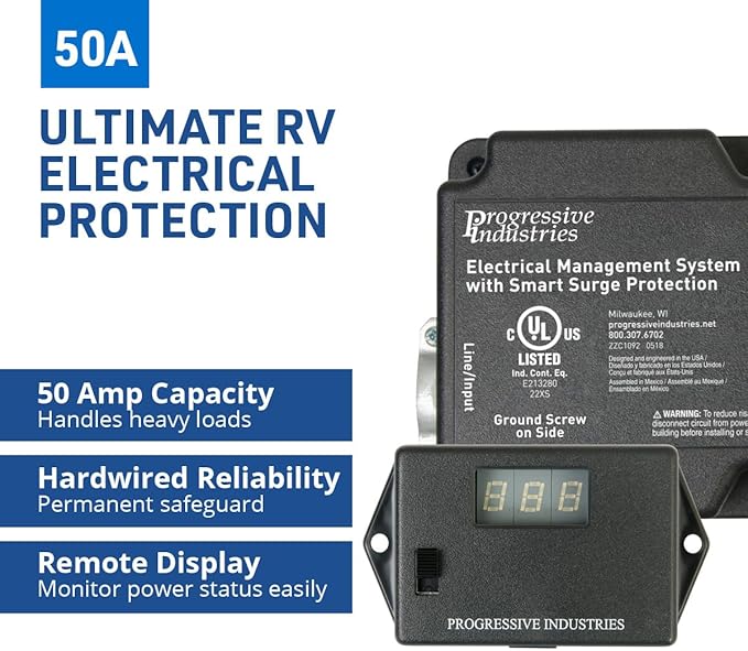 Progressive Industries EMS-HW50C Heavy Duty RV Surge Protector, Black, 50 Amp