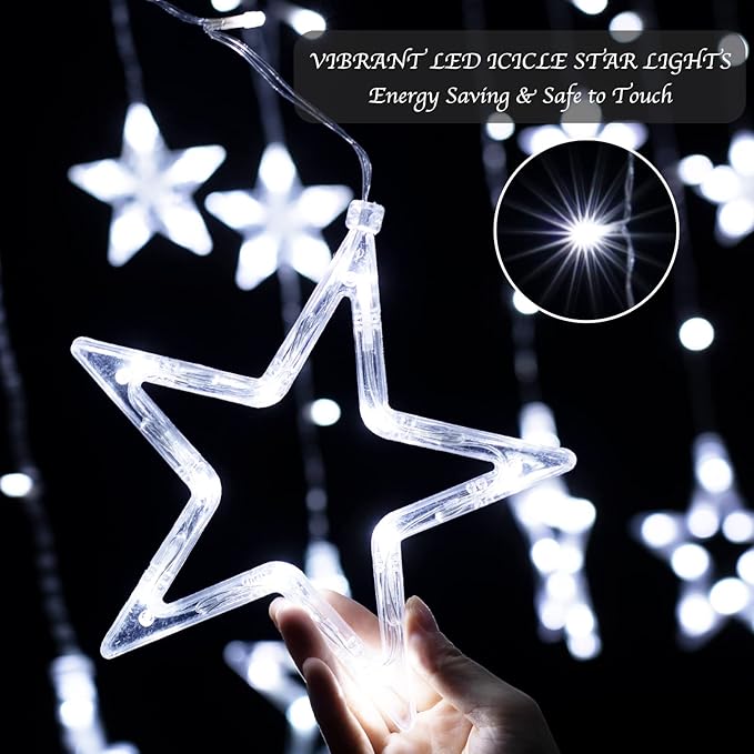 Star Curtain Lights for Bedroom - Plug-in 9ft 138 LED Fairy Twinkle Lights with 12 Star Drops, Connectable Window Lights with Remote 8 Lighting Modes for Indoor Xmas Ramadan Decoration, White