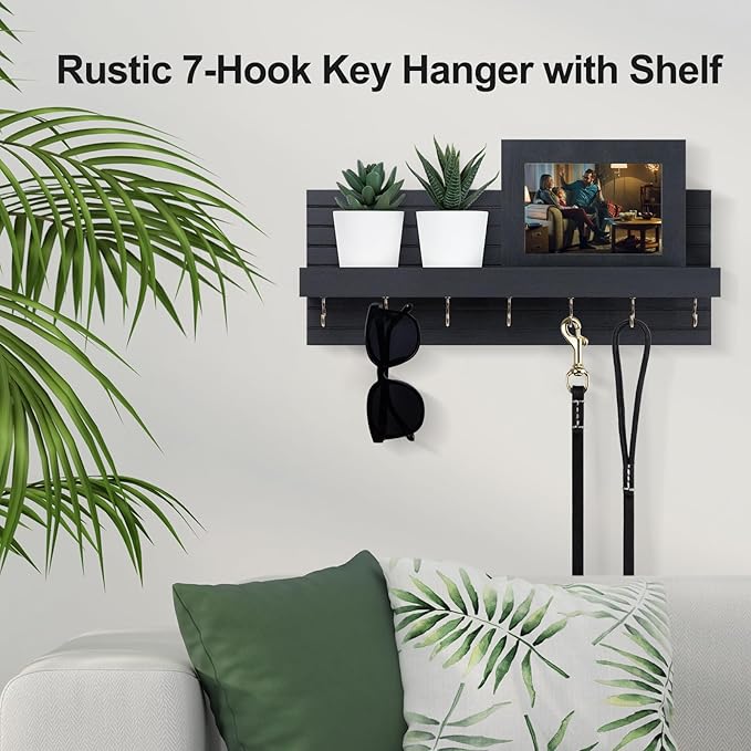Decorative Key Holder for Wall with Shelf, Entryway Shelf with Hooks Holds Leashes, Jackets and Glasses – Sturdy Wood Keyholder Entrance Hanger with Mounting Hardware (Black, Large)