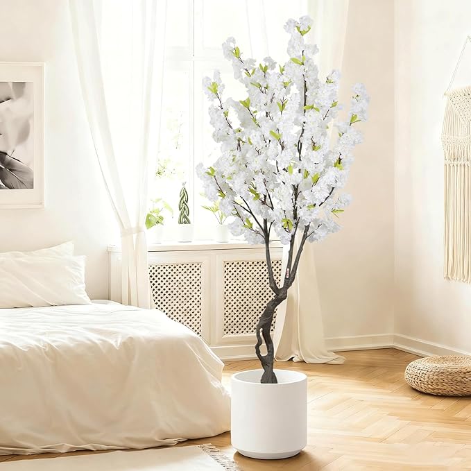Faux White Cherry Blossom 6ft(72in) Tall Artificial Plant Indoor Decor Handmade Natural Fake Cherry Blossom Tree for Wedding Realistic Cherry Plant in Pot for Home Living Room,Office,Outdoor Decor.