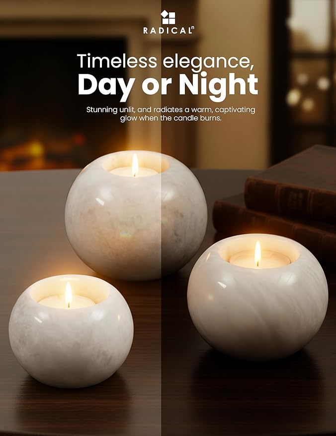 Radicaln Marble Tealight Candle Holder 4" Inches Handmade White Decorative Candle Accent for Wedding Table, Modern Farmhouse Dining Table Centerpiece, Ideal Set of 3 Small Votive Candle Holder