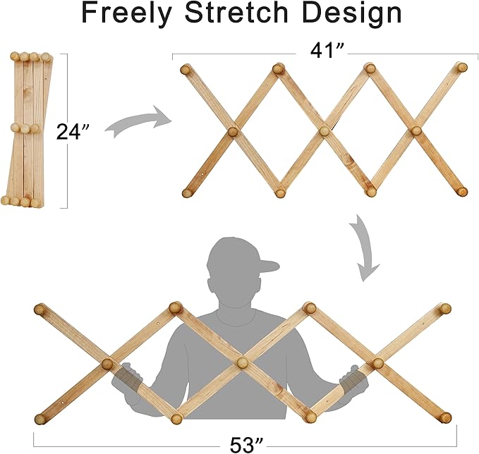 SKOLOO Hat Rack for Wall with 11 Hooks, 24 inch Solid Wooden, Modern, Huge Coat Rack Wall Mount for Coats, Hats, Bags, Cowboy Caps, Baseball Caps, Walnut Color