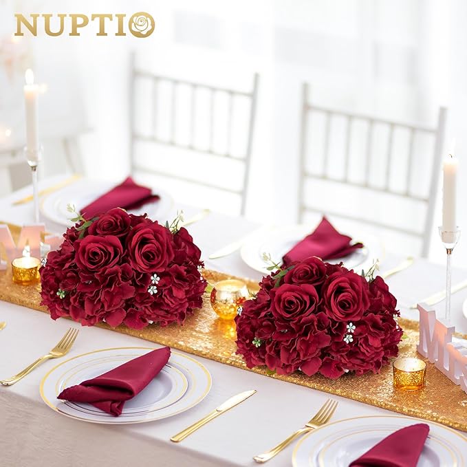 NUPTIO Flower Balls for Centerpieces Wedding: 10 Pcs 11.8 inch Diameter Artificial Flower Ball Arrangement Bouquet Centerpiece for Tables - Burgundy Fake Rose Flowers for Wedding Decor