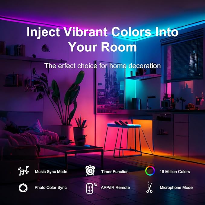 200 FT Led Lights for Bedroom, Music Synchronized Smart Led Strip Lights, Ultra Long with Remote Application Control Bluetooth LED Lights, Color Change RGB Light