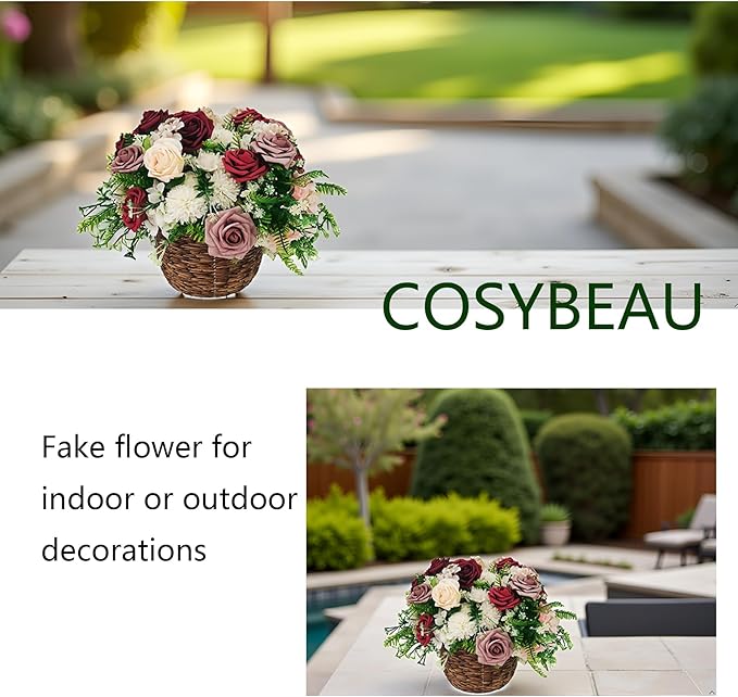 Artificial Fake Flowers 26pcs Roses, Mixed White & Burgundy Faux Flower for DIY Wedding Bouquet Bridal Shower Centerpieces Floral Arrangements Party Table Home Decorations