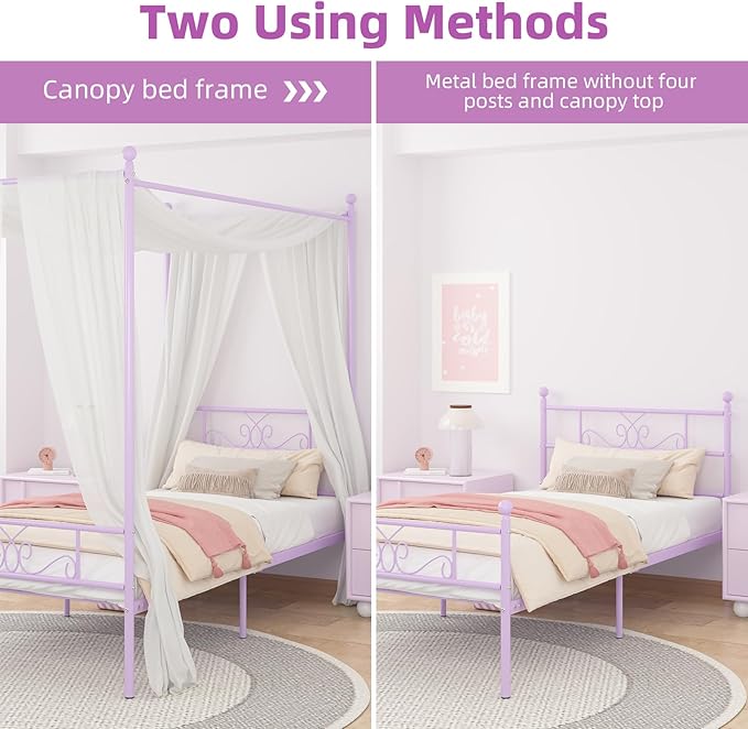 Weehom Twin Canopy Bed Frame with Headboard and Footboard, 4 Posters Metal Bed Frame, No Box Spring Needed, Mattress Foundation Platform Bed for Kids and Adults, Purple