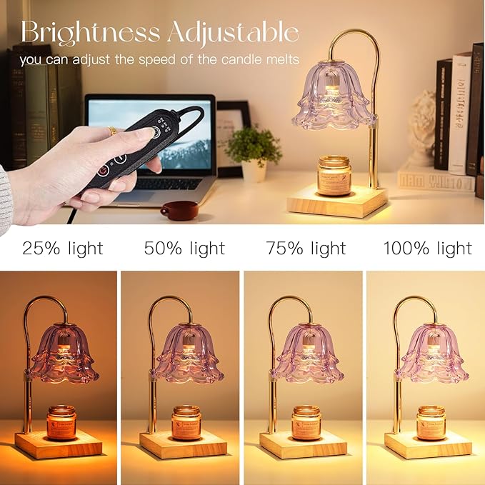 Candle Warmer Lamp with Timer: Purple Flower Candle Warming Lamp with 2 Bulbs Height Adjustable Wax Warmer Dimmable Bedroom Decor Mothers Day Gift for Women