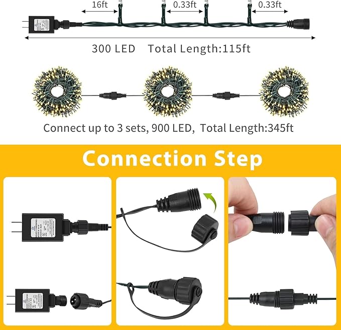 QUWIN Waterproof LED Outdoor Christmas String Lights, 115Ft 300 LED UL Certified 8 Modes with End-to-End Plug, Indoor & Outside Fairy Light for Christmas Tree, Patio, Wedding, Party (Warm White)