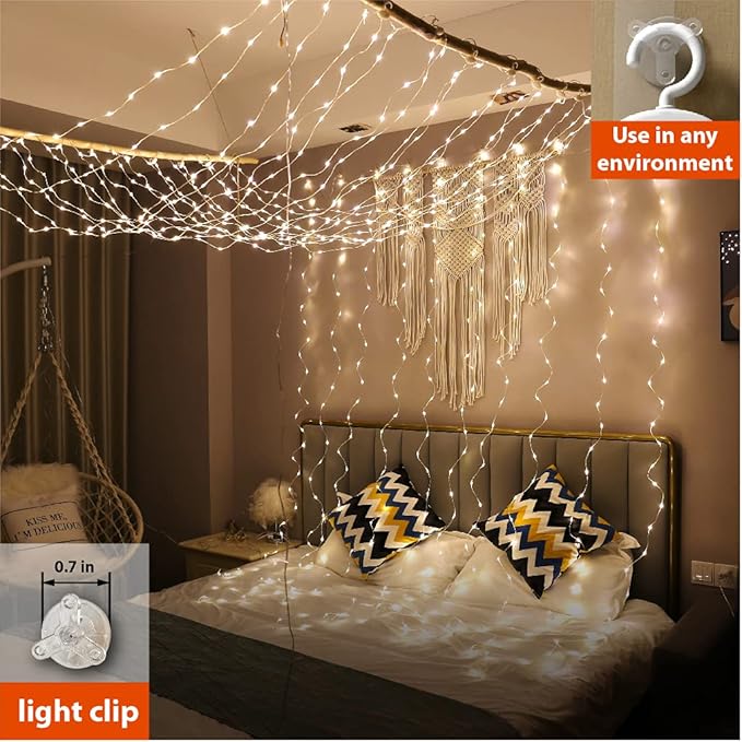 ZSJWL 6.5×9.8ft Curtain String Lights, USB Plug Fairy Lights Remote Dimmable Control, 8 Flashing Modes Waterproof Lights for Window Christmas Bedroom Party Wedding Garden Wall(Warm White)