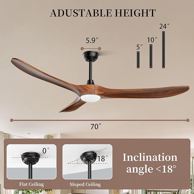 Obabala Ceiling Fans with Lights and Remote, 70inch Outdoor Ceiling Fan 3 Solid Wood Blades Fan with 3 Downrods for Patios, Modern Ceiling Fan with Noiseless Reversible DC Motor (Solid Wood, 70in)