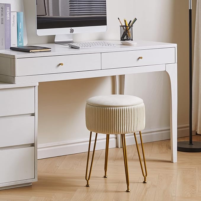 IBUYKE Velvet Storage Footrest Stool Ottoman, Makeup Vanity Stool Side Table with Golden Steel Legs Removable Cover, Coffee Table Top Cover, Creamy-White LG-20M