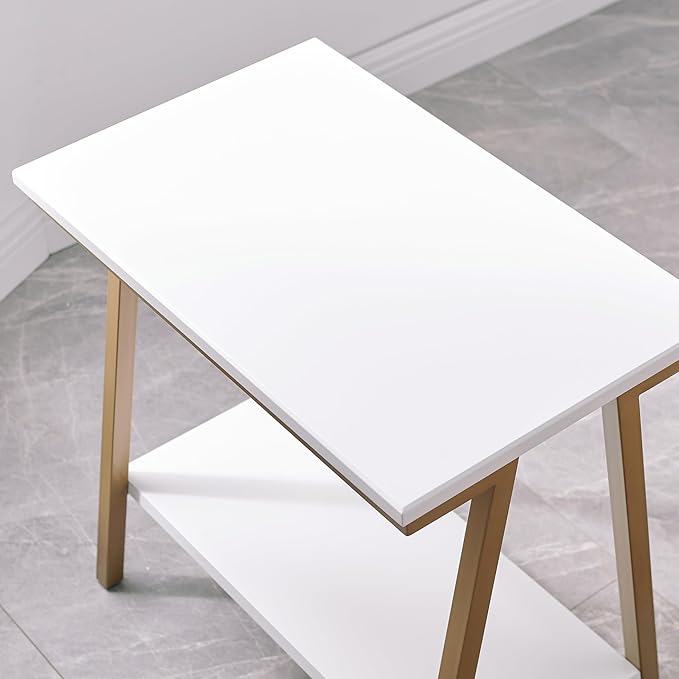Leick Home 214312 Empiria Narrow Side Table with Shelf and Metal Frame, Wood End Table for Living Room Bedroom, White