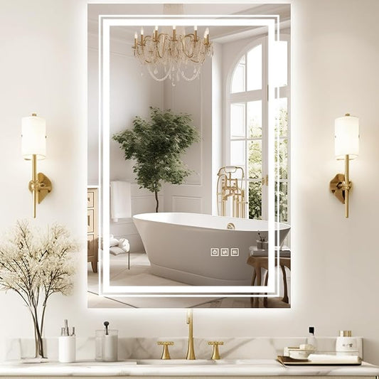 20x30 LED Mirror for Bathroom with Front and Backlit Light Up Digital Mirrors for Wall,Anti Fog,Stepless Dimmable,Tempered Silver Glass Smart Vanity Mirror for Bathroom