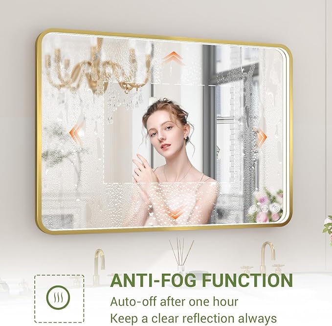 LED Bathroom Mirror with Lights, 40x28 Inch Gold Metal Framed LED Mirror for Bathroom, 3 Colors and Stepless Dimmable Wall Mounted Lighted Bathroom Vanity Mirror, Anti-Fog, Memory