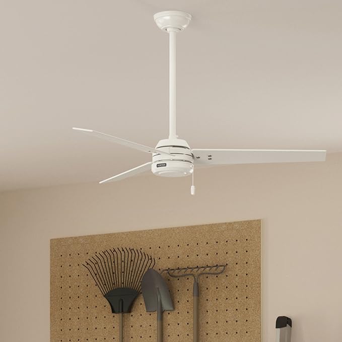 Hunter 52 inch Outdoor or Indoor Ceiling Fan No Light - White Ceiling Fan without Light, For Patio, Porch, Garage, or Living Room, Standard Mount, 3 Blades, Pull Chain - Cassius 59263, Fresh White