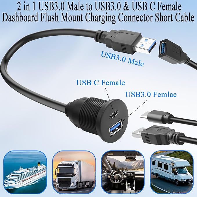 QIANRENON 2-in-1 USB3.0 to USB3.0 & USB C Threaded Fixed Adapter Short Cable 5GBps Type A Male to A + C Female Embedded Mount 1 to 2 Connector, 5V3A Charging, Mounted Car/RV Dashboard, 30cm/11.8in