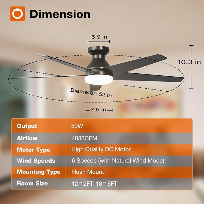 addlon Ceiling Fans with Lights, 52 inch Low Profile Ceiling fan with Light and Remote Control, Flush Mount, Reversible, 3CCT, Dimmable, Noiseless, Black Ceiling Fan for Bedroom, Indoor/Outdoor Use