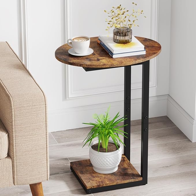 Hosfais Side Table Small End Table, C-Shaped Wood Sofa Table with Metal Frame for Living Room, Bedroom, Small Spaces (Rustic Brown)