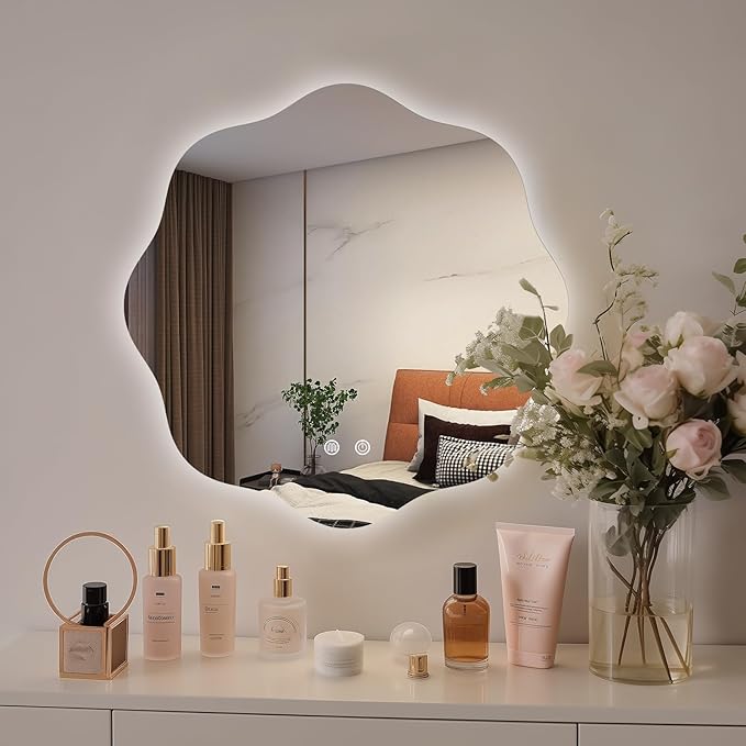WallBeyond LED Bathroom Mirror with Lights, 20'' Wavy Round Light Up Bathroom Mirror, Anti Fog Led Mirror for Bathroom, 3 Colors and Dimmable Light