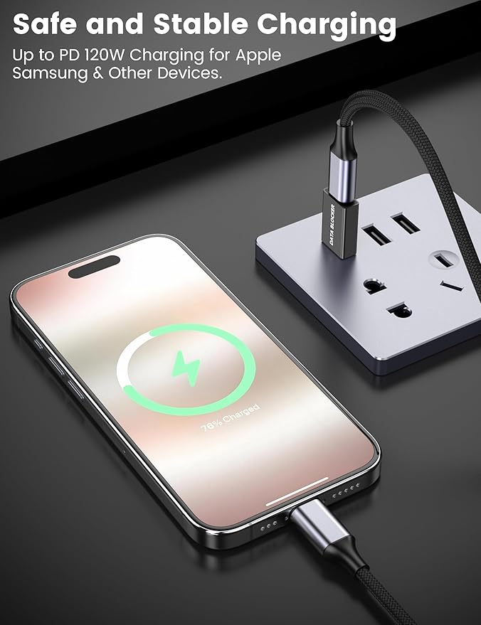 5Pack USB Data Blocker Adapter, USB C Data Blocker for iPhone 15 16 17 and for Android Phone or for ipad, A Male to C Female data blocker adapter Only for Charge, Protect Against Juice Jacking (Black)