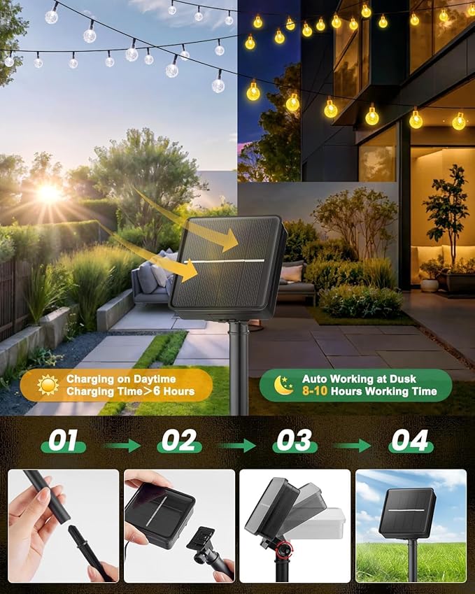 Solar String Lights Outdoor 60 LED 36FT with 8 Lighting Modes, Waterproof Solar Powered Crystal Globe Patio Lights for Garden Yard Porch Wedding Party Decor (Warm White)