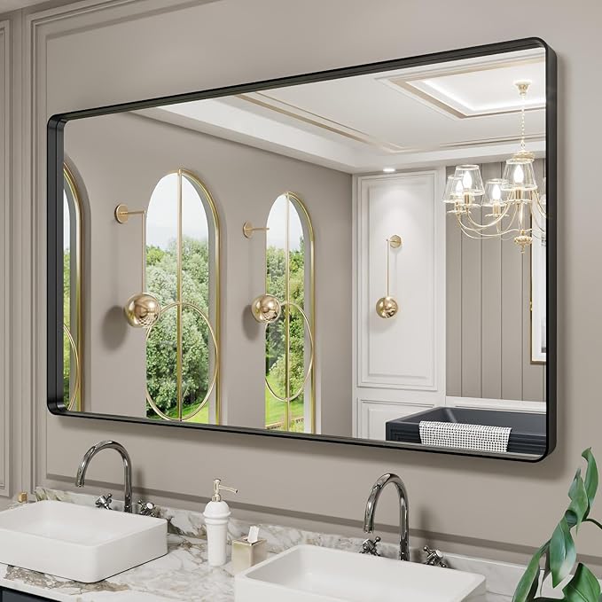LOAAO Black Metal Framed Bathroom Mirror for Wall, Large 60X36 Inch Rounded Rectangle Mirror, Matte Black Bathroom Vanity Mirror Farmhouse, Anti-Rust, Tempered Glass, Hangs Horizontally or Vertically