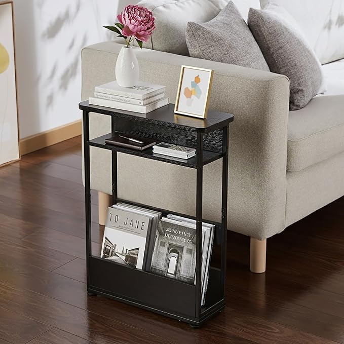 Narrow Side Table,3-Tier Slim End Table with Storage Shelf,Modern Sofa Table Thin Side Table for Narrow and Small Spaces, Skinny Bedside Table Small Nightstand with Magazine Rack Space Saving/Black