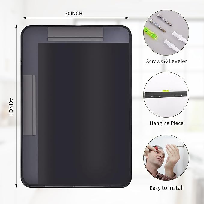 Suidia Bathroom Mirror, 30" x 40" Wall Mirror Metal Framed, Bathroom Vanity Mirror for Living Room Bedroom Bathroom Entryway, Black, Rounded Corner Style