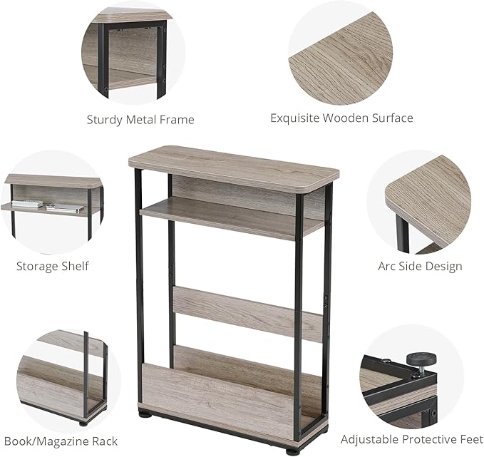 Narrow Side Table,3-Tier Slim End Table with Storage Shelf,Modern Sofa Table Thin Side Table for Narrow and Small Spaces, Skinny Bedside Table Small Nightstand with Magazine Rack Space Saving/Oak
