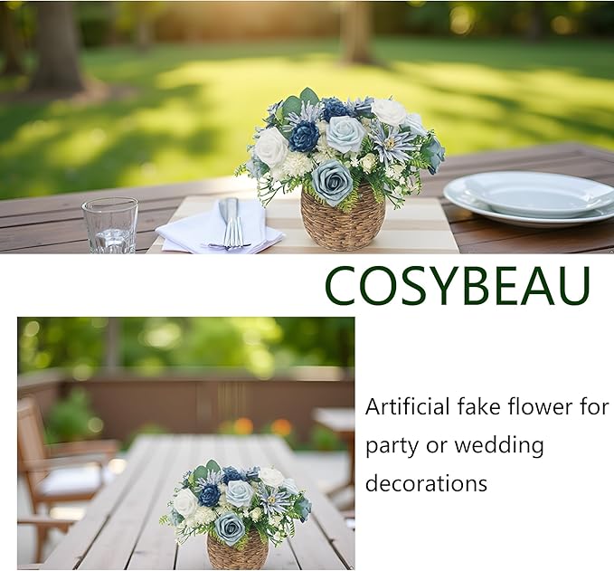 Artificial Flowers Fake Roses, Faux Plant with Stems for DIY Wedding Bouquets Bridal Shower Centerpieces Arrangements Party Tables Decorations (23, Mix Shades of Blue)