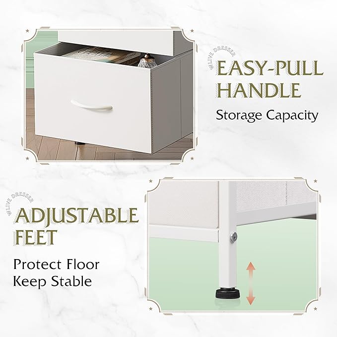 WLIVE Nightstand with 3 Drawers, Fabric Dresser, Organizer Unit, Storage Dresser for Bedroom, Hallway, Entryway, Closets, Sturdy Steel Frame, Wood Top, Easy Pull Handle, White