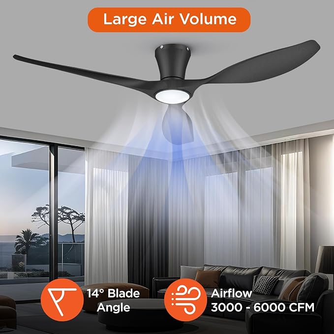 TALOYA Ceiling Fans with Lights,52 inch Modern Low Profile Ceiling Fan with Quiet Reversible DC Motor,Flush Mount,3CCT, Black Ceiling Fan for Bedroom Living Room Kitchen and Patio