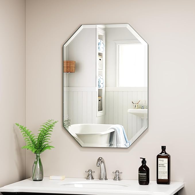Silver Wall Mirror-Beveled Edge Frameless Mirror for Bathroom, Vanity, Bedroom, Rectangle Mirrors （20X28inch）