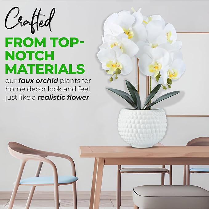 Large Artificial Orchids with Ceramic Pot, Faux Orchids for Living Room, Bathroom, Kitchen, Home, Hotel Indoor Decor (17'' White)