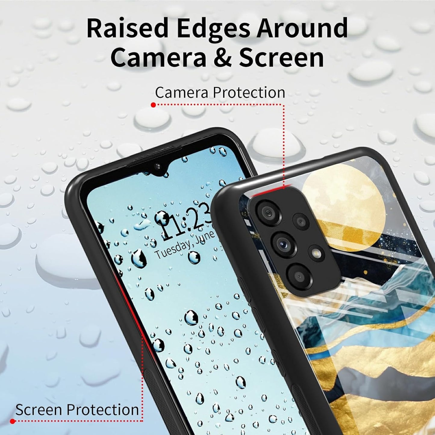 Galaxy A23 5G Phone Case - Tempered Glass Black Cover with Mountain Forest Landscape Design for Women Men, Anti-Scratch